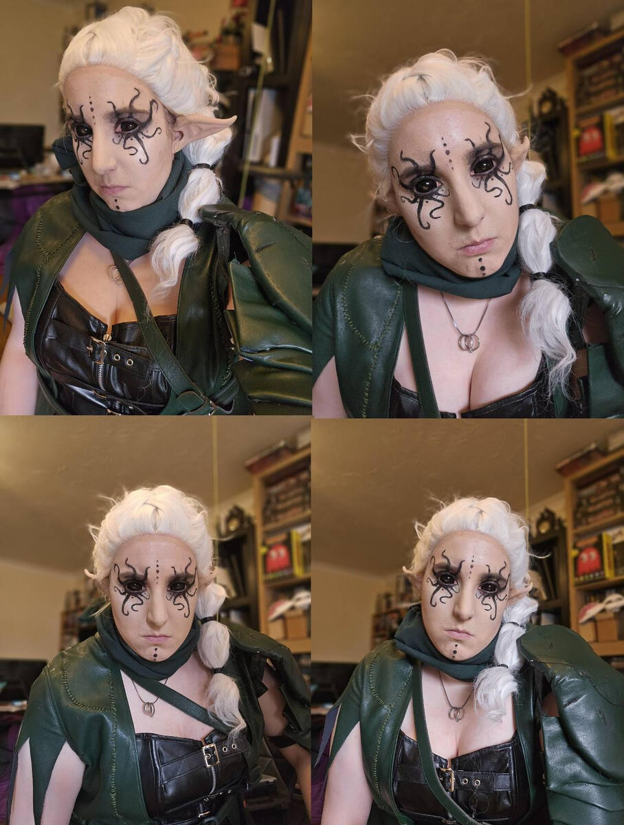 4 photos, bust up, of a cosplayer dressed as He Who Was from Baldur's Gate 3, with a black leather corset in place of where his chest is usually bare.