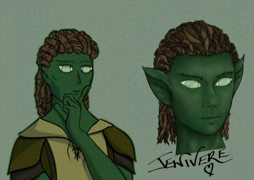 An original character design of a masculine character with dark green skin, pale green eyes with no pupils, leaf shaped ears, vines for eyebrows, and "hair" made of living vines that are mostly in brown shades with thinner green parts entwined around them.