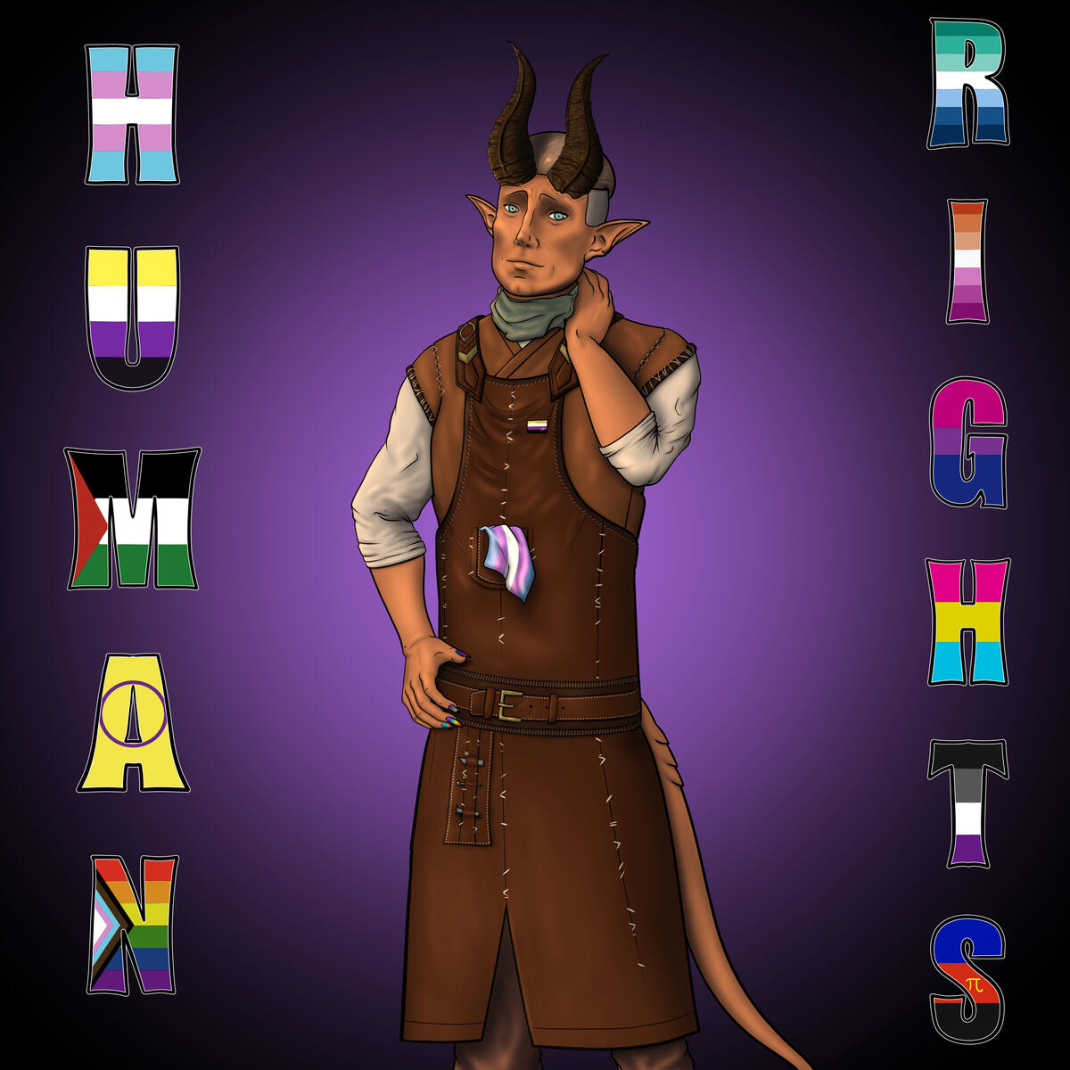 Dammon is standing with one hand on his belt and the other behind his neck. He has long nails painted in different pride flag designs, and has a trans flag handlkerchief in his pocket and a nonbinary pin on the top right of his apron. Around him are the wo