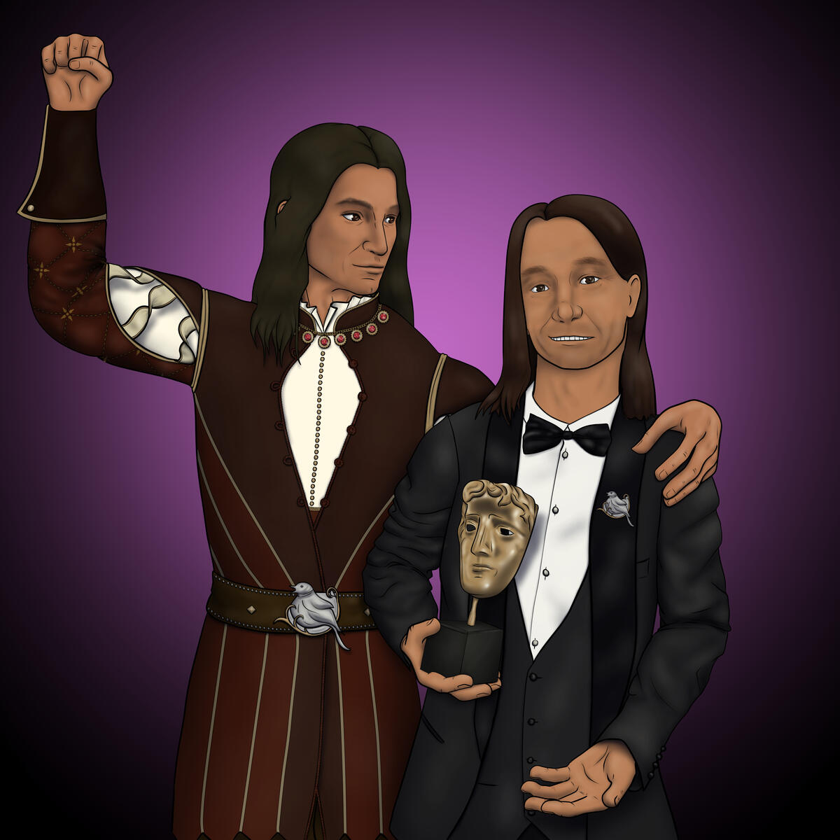 The character Milil stands with one fist raised and the other arm around composer Borislav Slavov, who is wearing a Milil pin on his suit and holds the BAFTA he won for the music composition in Baldur's Gate 3