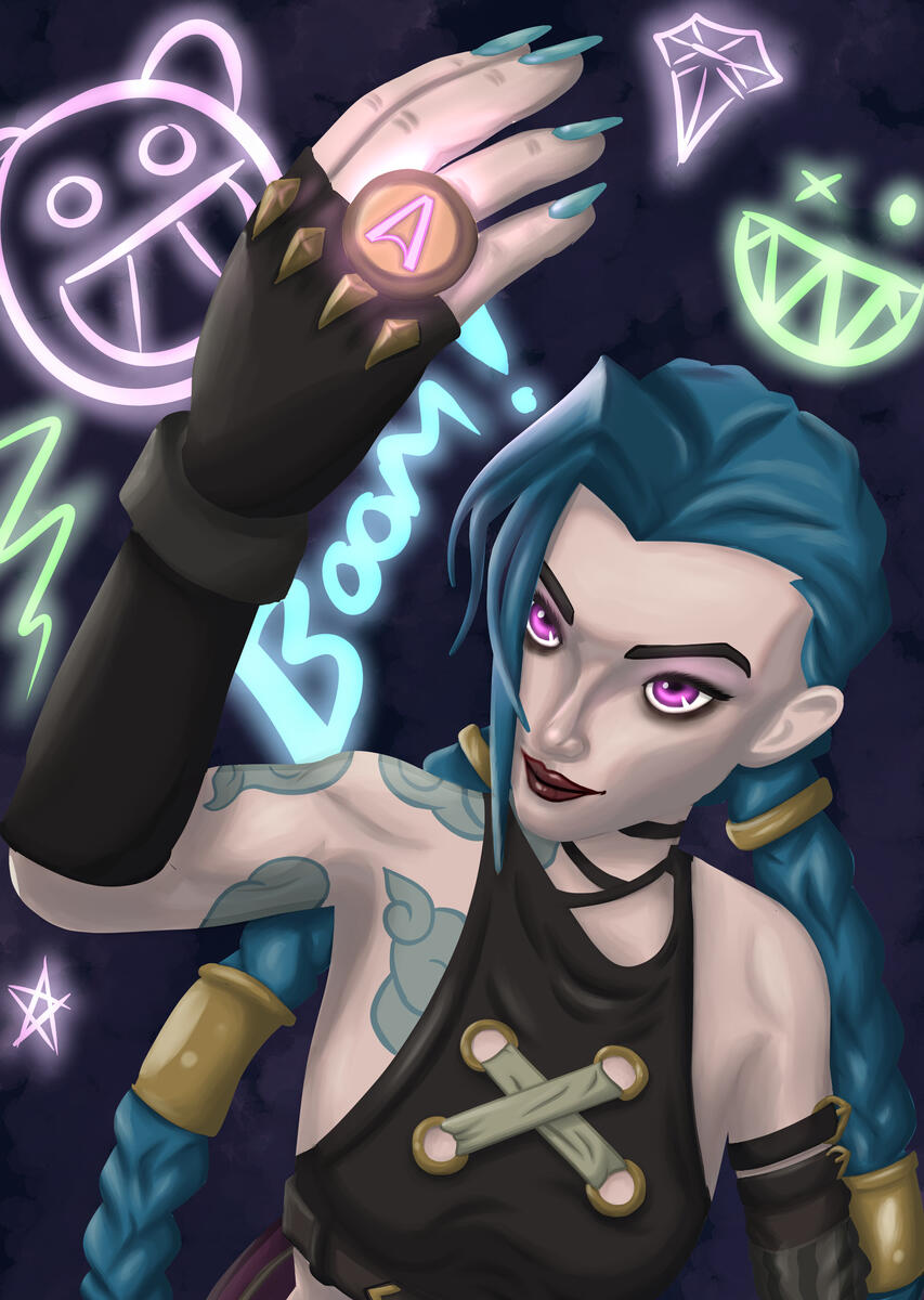 Jynx from Arcane wearing a glowing ring that is held aloft towards the camera. The pose and title are a play on the Magic the Gathering card named Arcane Signet. There are neon style symbols in the background to represent more of Jynx's style.