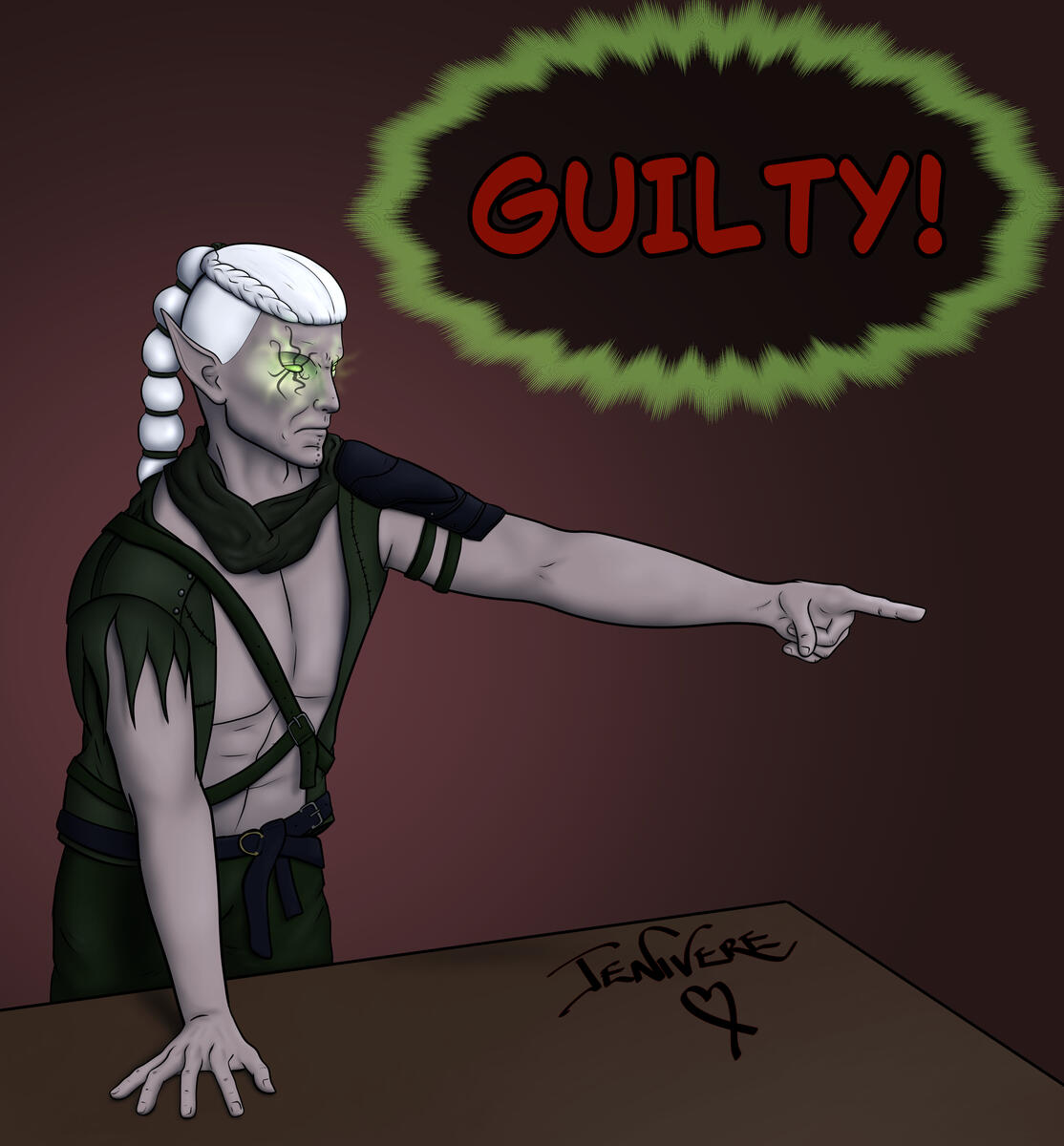 Art of He Who Was from Baldur's Gate 3. He has one hand on the table in front of him as he stands behind it, the other hand pointing off to the right. His eyes are glowing green and above him is the word Guilty! in a dramatic text bubble.