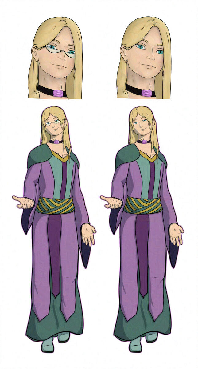 Four images of a human character. He has pale skin and light blonde hair. The top two images are face only, and the lower two are full body. His hair is long and loose, and he is wearing robes in lilac, mid teal, and gold. He also wears a choker with a lil