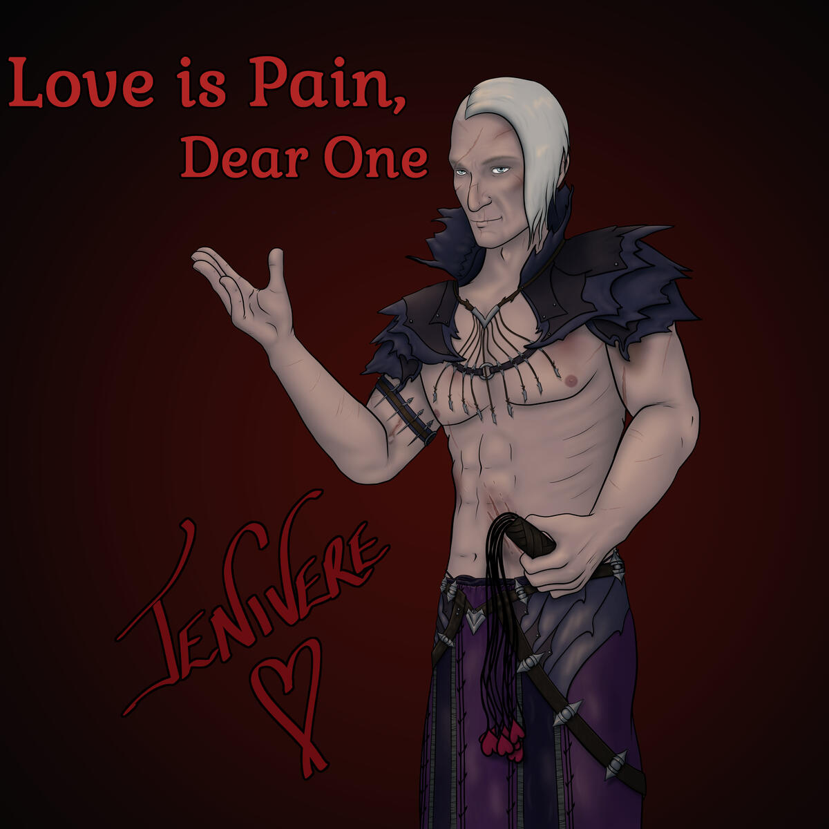 Abdirak is holding a flog with heart shaped ends on each strand. He has one hand raised and is looking towards the viewer. Above his hand is the text "Love is Pain, Dear One" and the artist has signed the bottom left