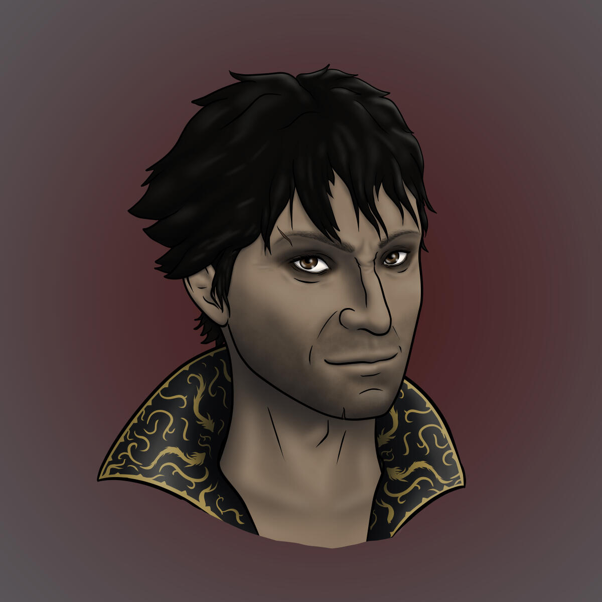 A portrait of Enver Gortash with a red and grey gradient background