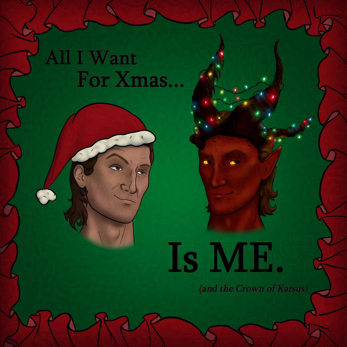 A red ruffle border around a green background. On the left is Raphael, human form, wearing a Santa hat and looking to the right. On the right, looking back at Raphael, is Haarlep, with festive coloured lights wrapped around their horns. The text on the pie