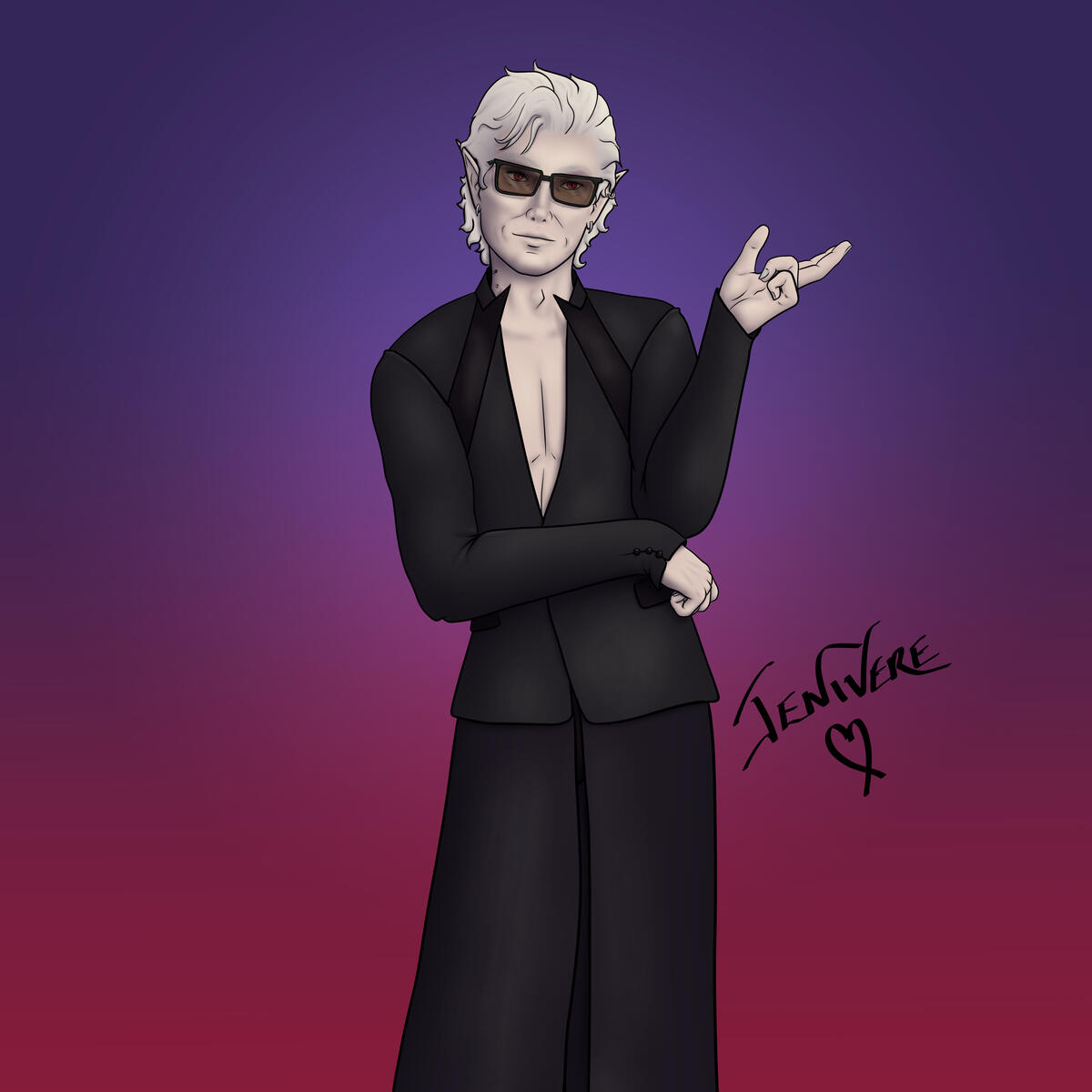 Astarion dressed in dark glasses and a long stylish jacket with open low V neck, styled after the outfit that the actor for the character wore to the BAFTA Game Awards 2024