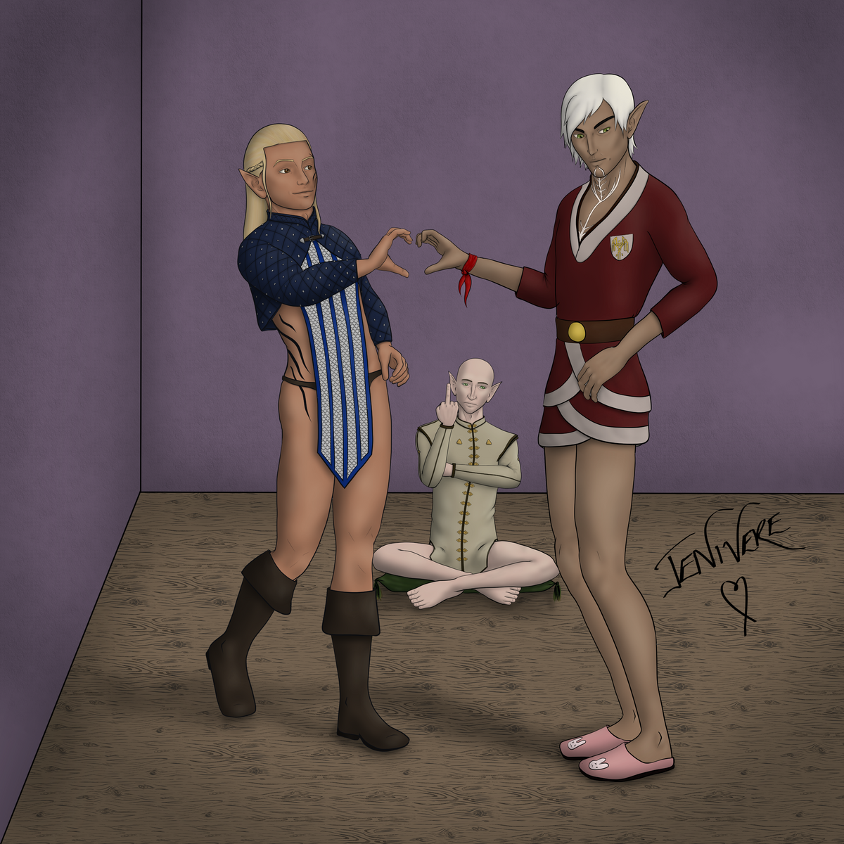 Zevran and Fenris are standing at the front each forming half of a heart hand gesture meeting in the middle. Behind them, Solas is sat on the floor making a middle finger gesture. Fenris and Solas are both wearing the top halves of Hawke and The Inquisitor