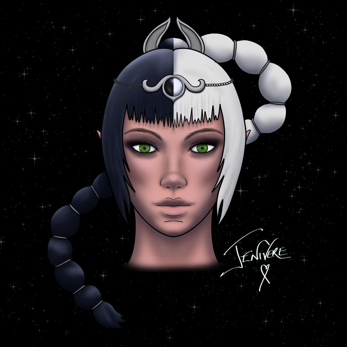 A portrait of Shadowheart on a starry background, with her braid flowing behind her. One half of her hair is black and the other half white, representing her two paths in the game.