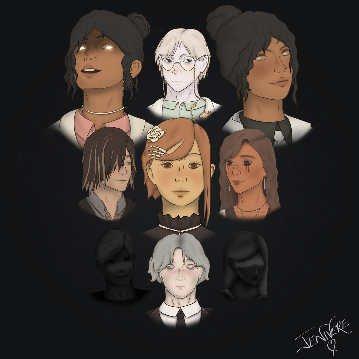 Based on the game Pitstop in Purgatory, this collection of portraits features the main character Astrid in the middle. To her left is Locke and Rahel on the right, both looking towards her. Above is Vol who is looking slightly to the right. On either side