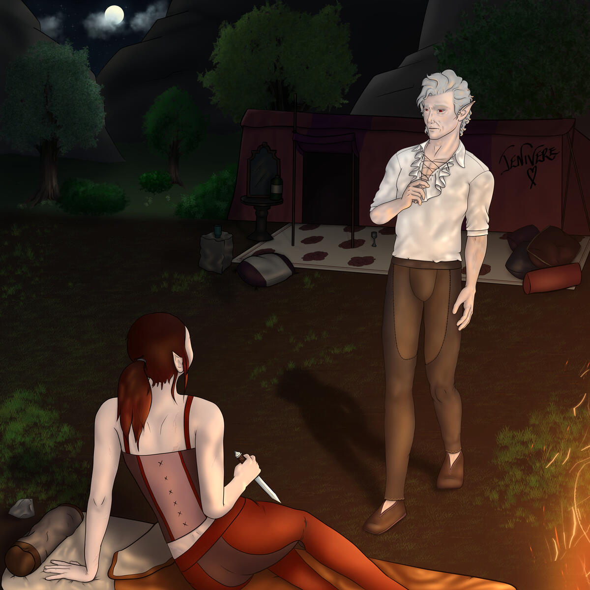 With a background of the Act 1 campsite with a full moon behind some clouds and the campfire just visible in the bottom right, Tav - a female elf with red hair and wearing a corset and close fitting red and brown trousers - is propped up on one arm on her