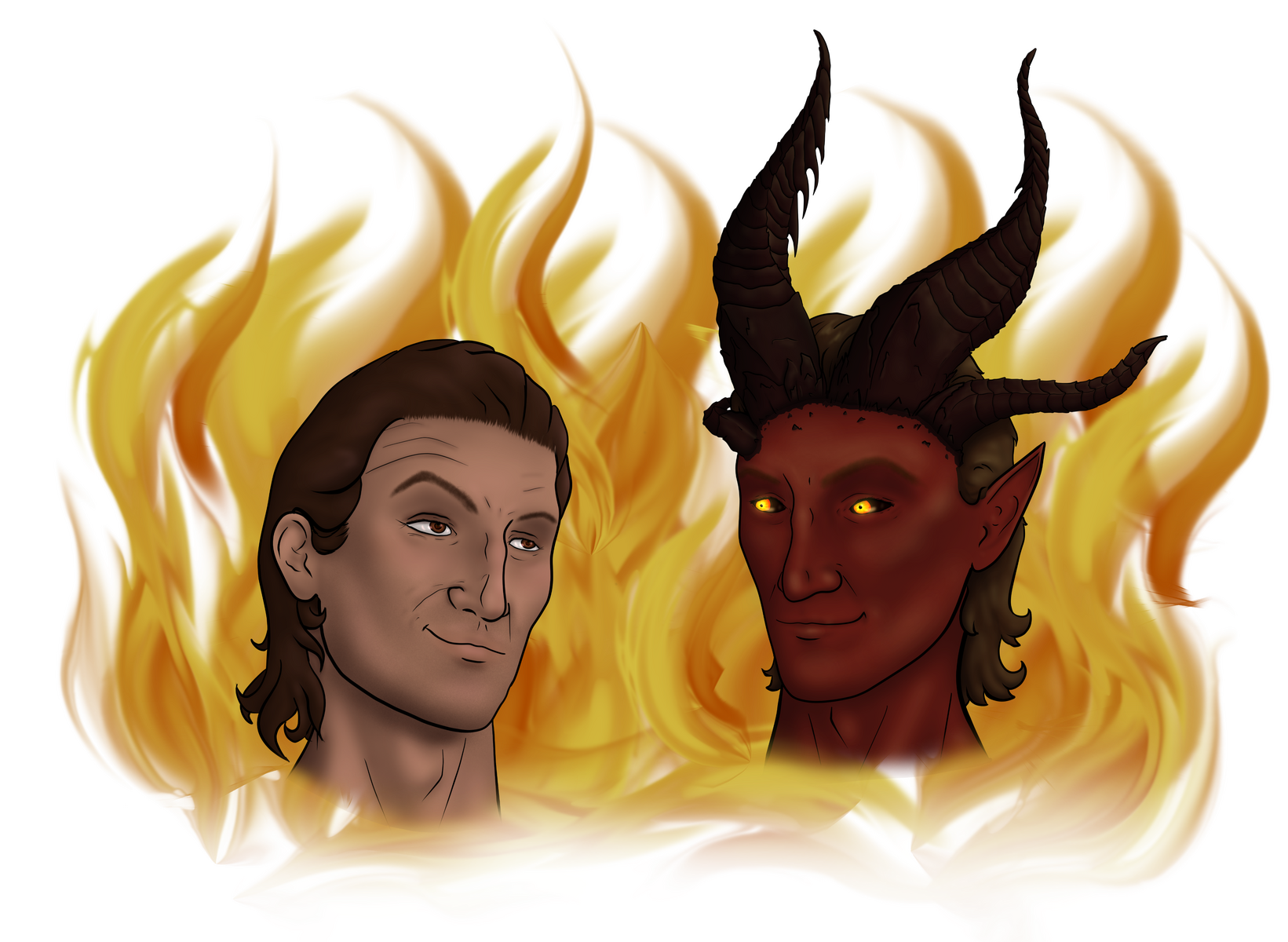 Head only portraits of Raphael in his human form and Haarlep on a background of fire.