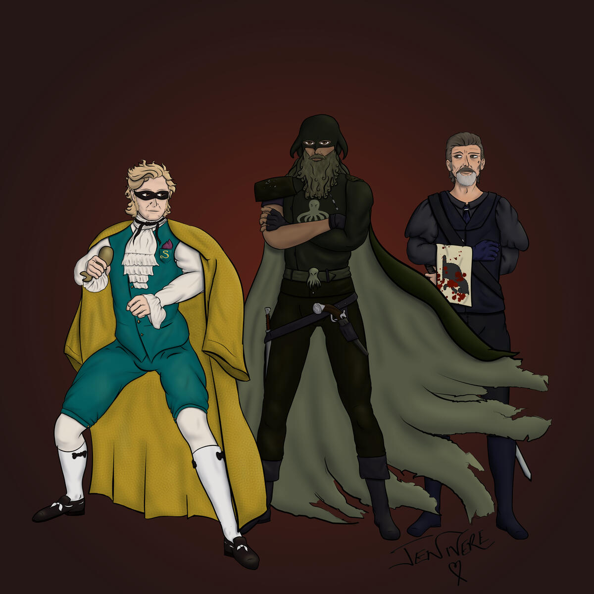 Three characters from Our Flag Means Death restyled into Batman-like characters. Stede Bonnet has his yellow robe loosely over his shoulders like a cape and is holding the whale ornament he uses in the show. He is also wearing the traditional domino mask o